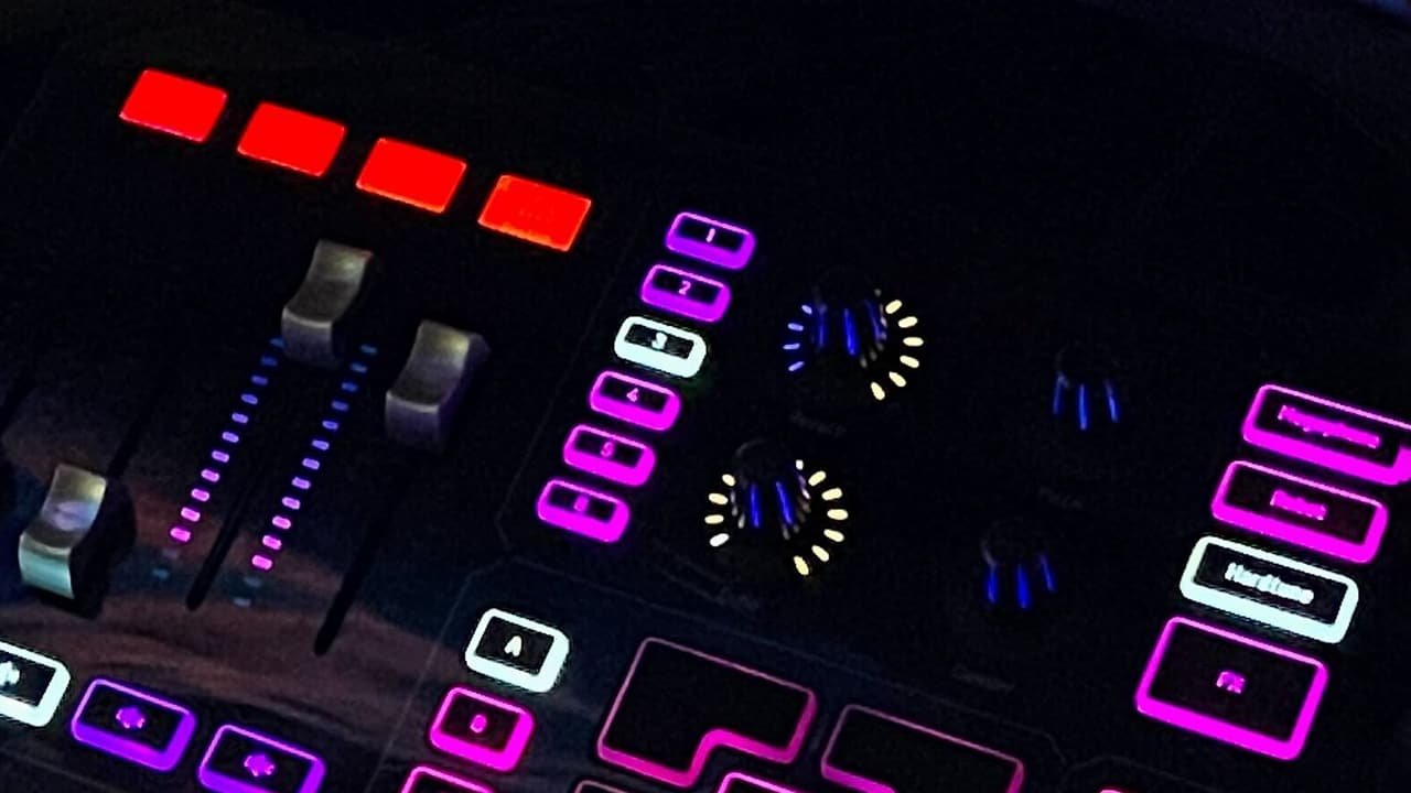 Glowing stream control deck used during a live gaming stream